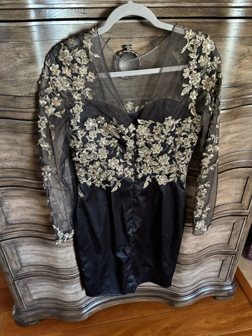 Black Long-Sleeve Embroidered Cocktail Dress with Gold Appliqué